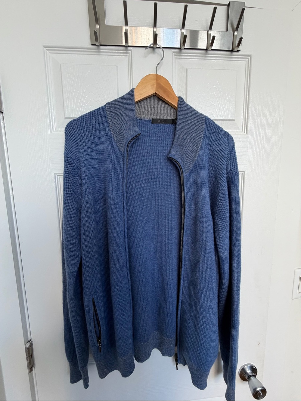 Raffi Men's Light Blue Zip-Up Ribbed Wool Blend Sweater